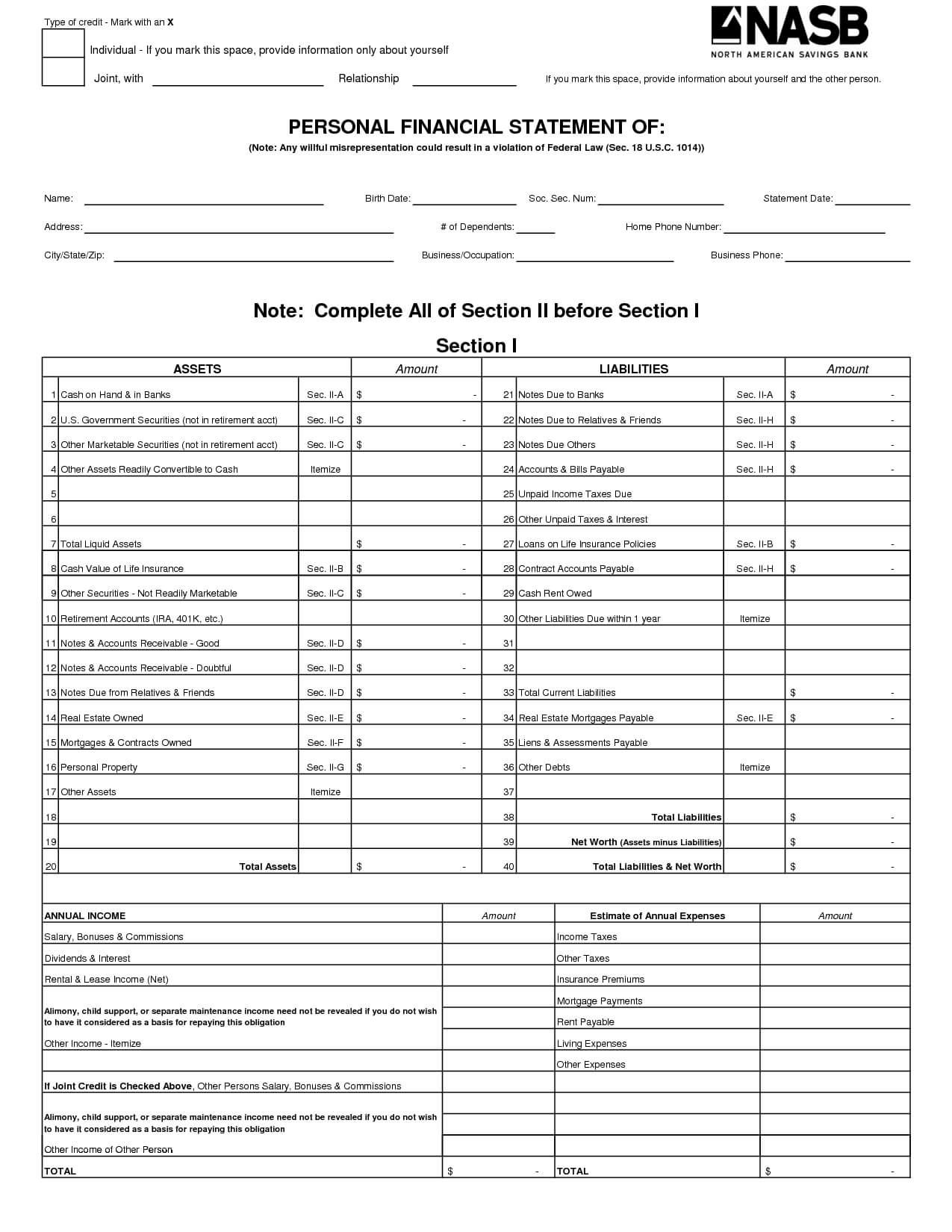 Free Printable Personal Financial Statement | Excel Blank Inside Blank Personal Financial Statement Template