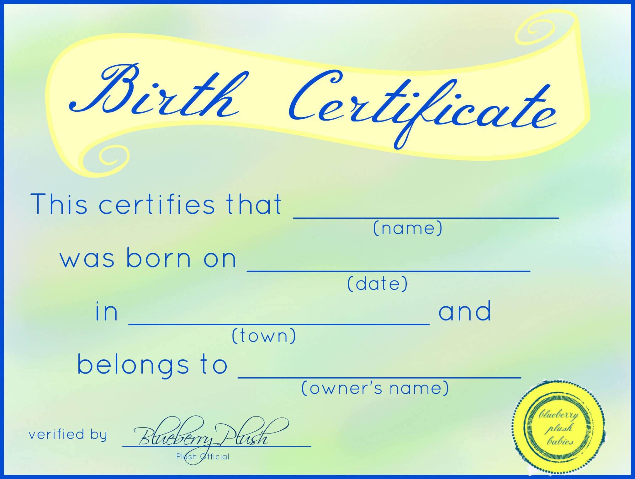 Free Printable Stuffed Animal Birth Certificates – Blueberry For Girl Birth Certificate Template