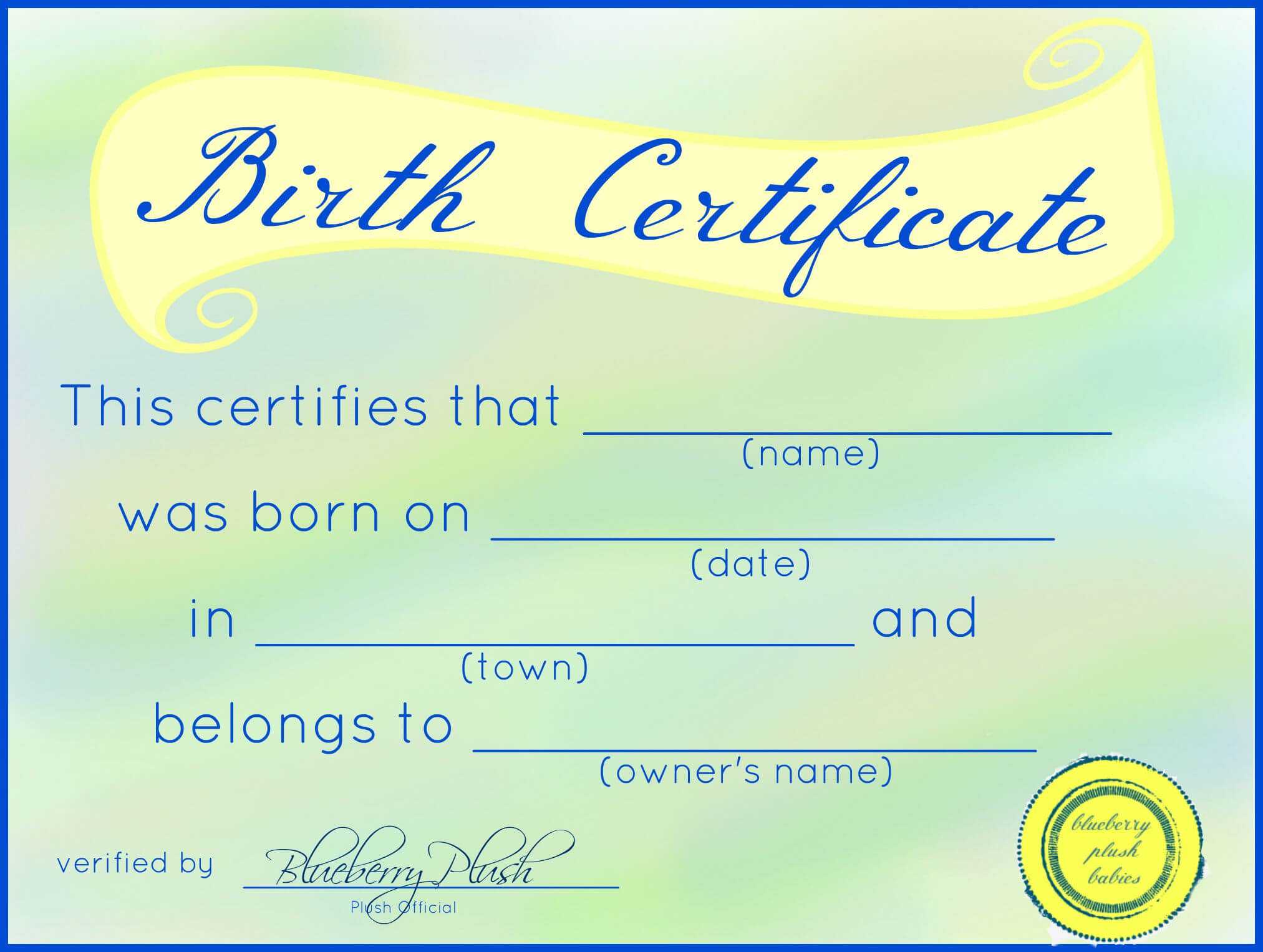 Free Printable Stuffed Animal Birth Certificates – Blueberry Intended For Toy Adoption Certificate Template