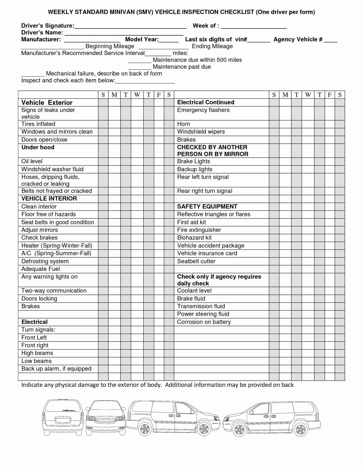 Free Printable Vehicle Inspection Sheet Template Or Weekly In Vehicle Checklist Template Word