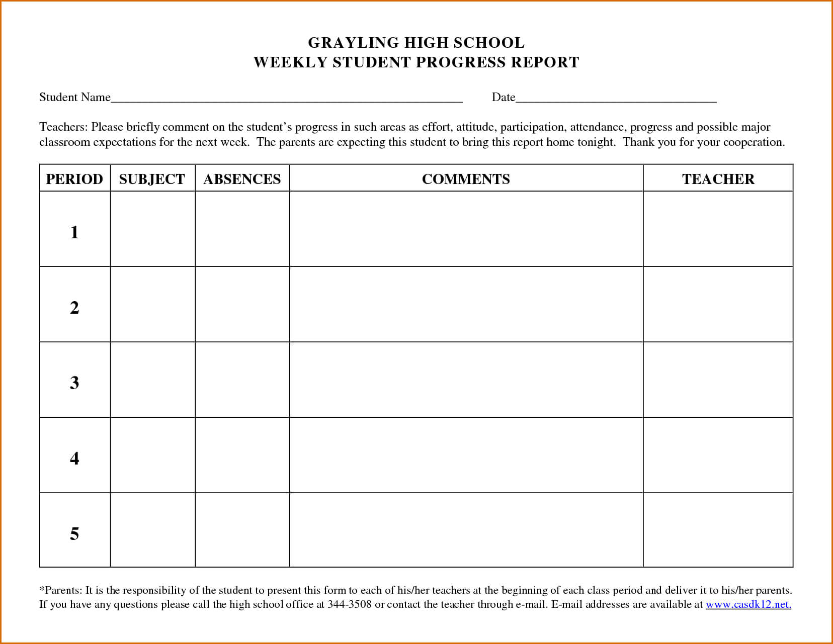 Free Progress Report Template Word School Student Form In Preschool Weekly Report Template