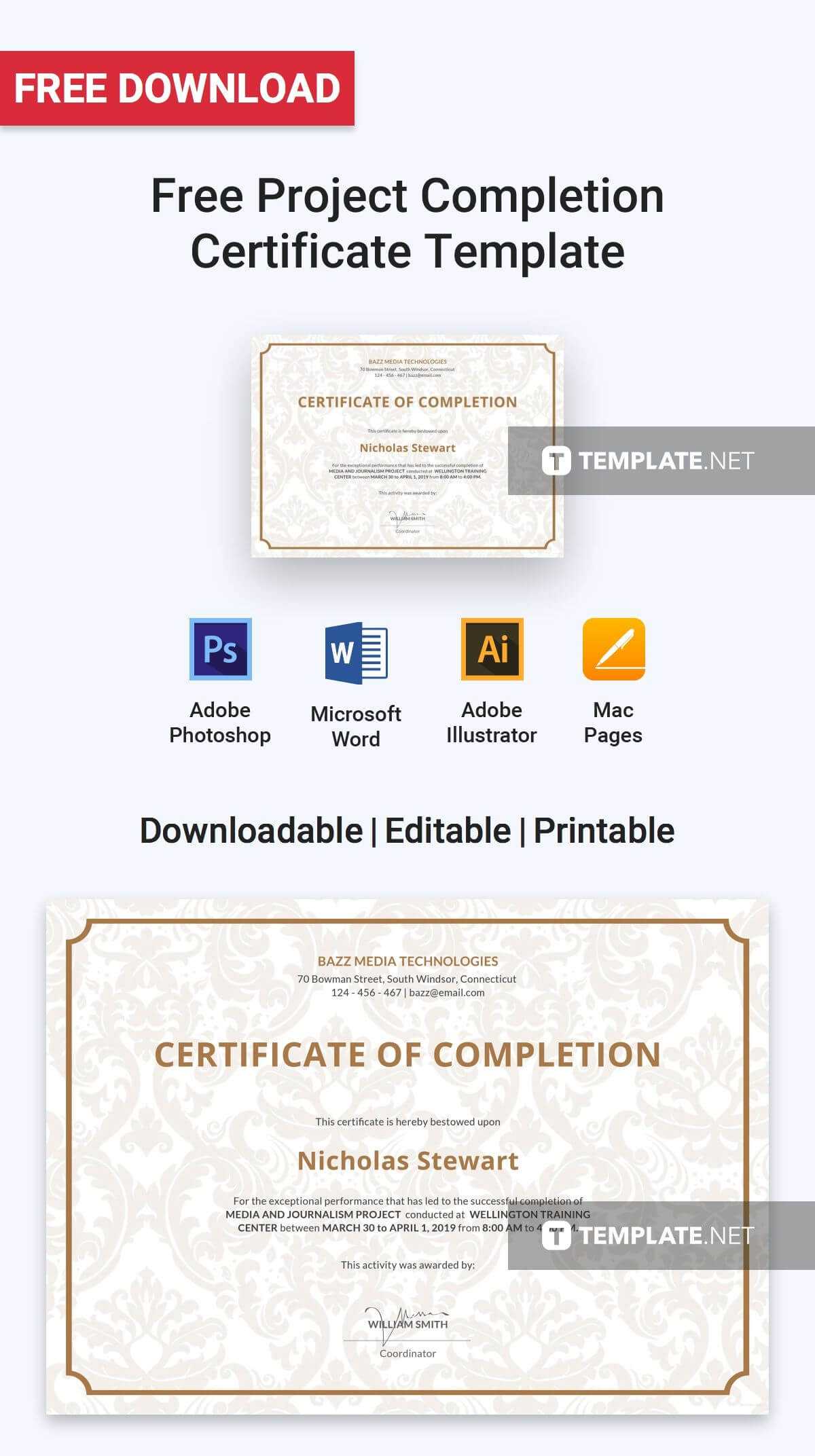 Free Project Completion Certificate | Certificate Templates Intended For Certificate Template For Project Completion