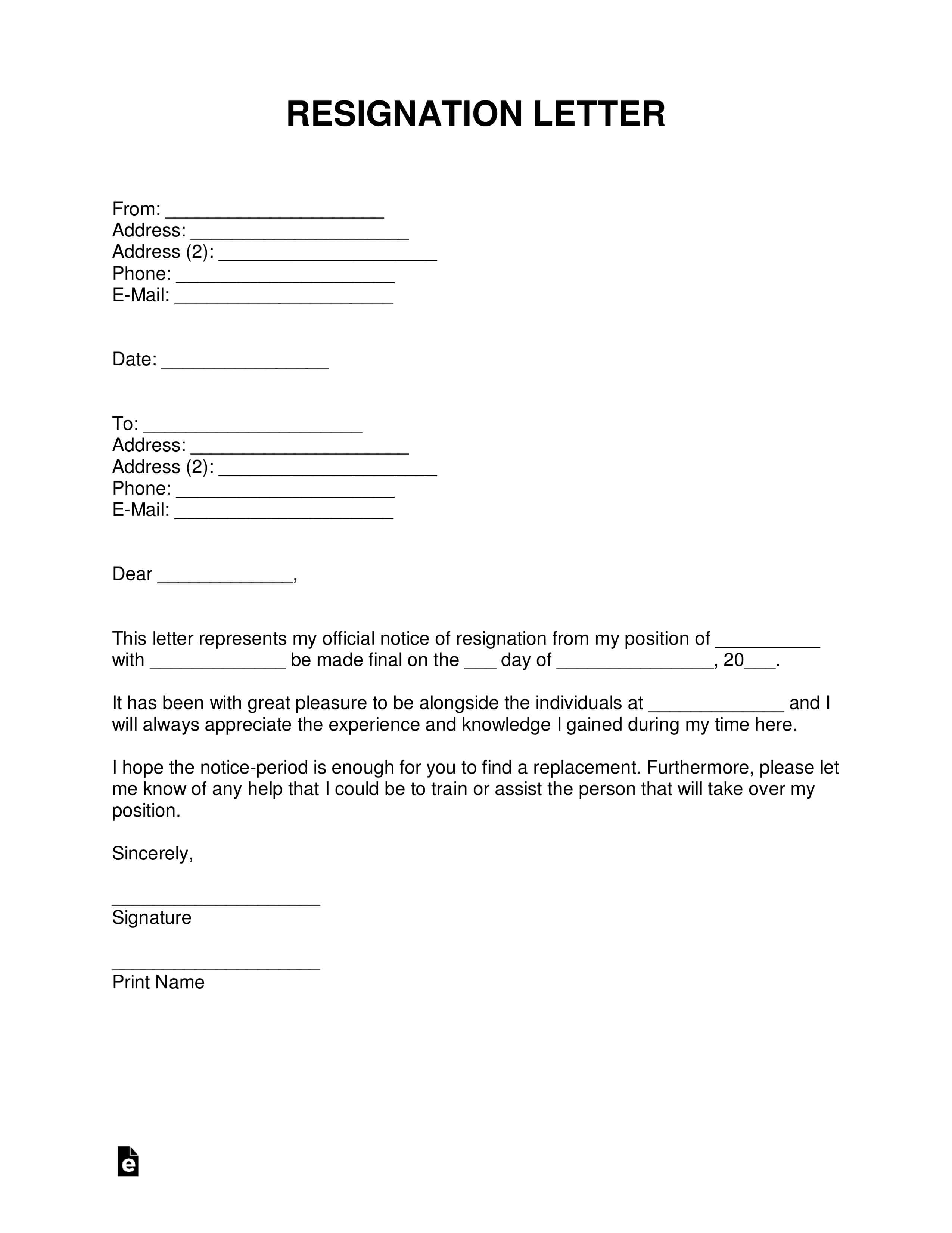 Free Resignation Letter Templates – Samples And Examples For Two Week Notice Template Word
