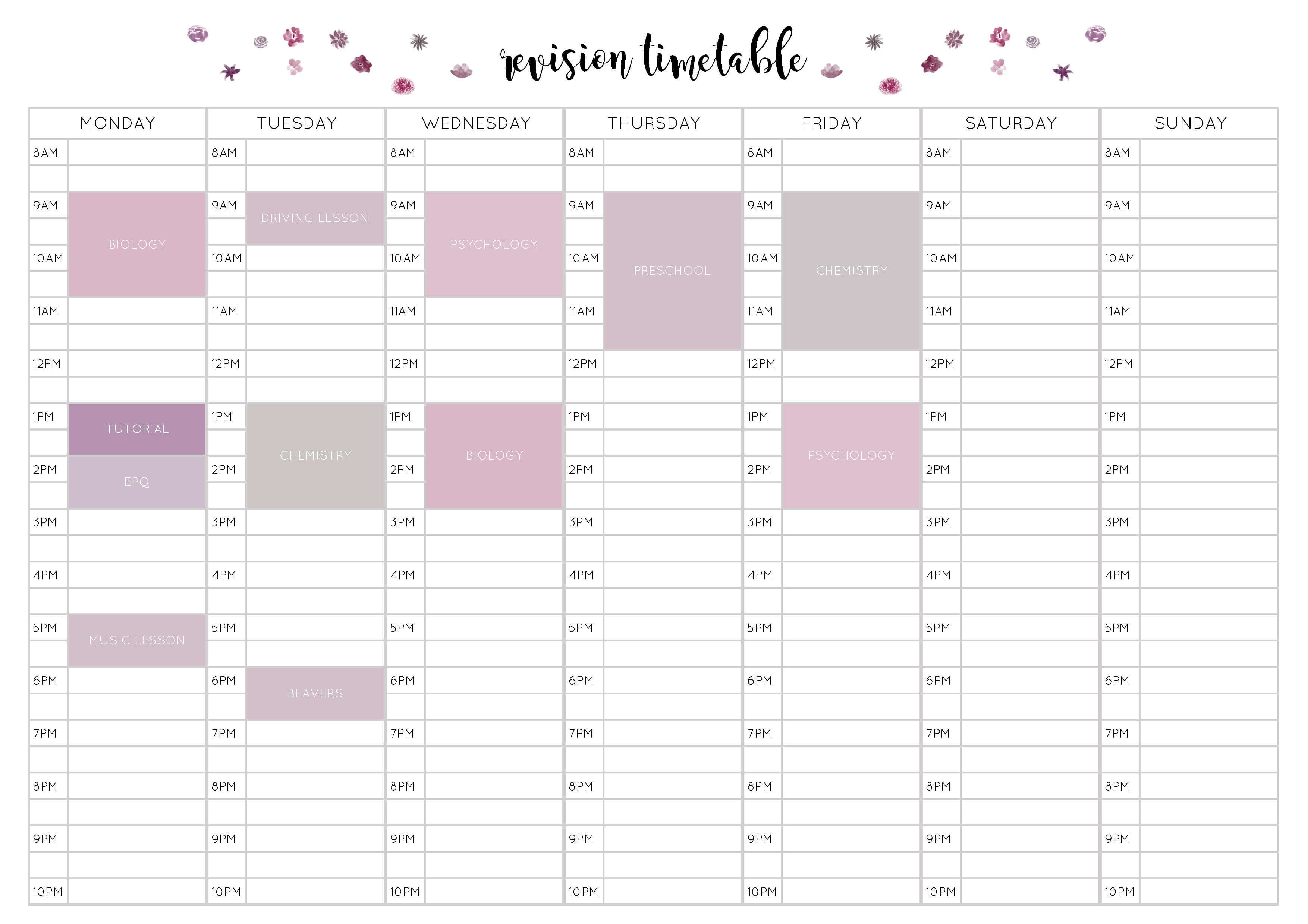 Free Revision Timetable Printable – Emily Studies Regarding Blank Revision Timetable Template
