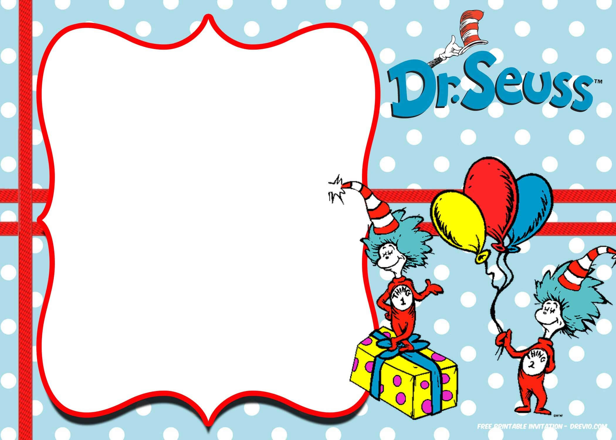 Free Thing 1 And Thing 2 Dr. Seuss Invitation | Free In Dr Seuss Birthday Card Template