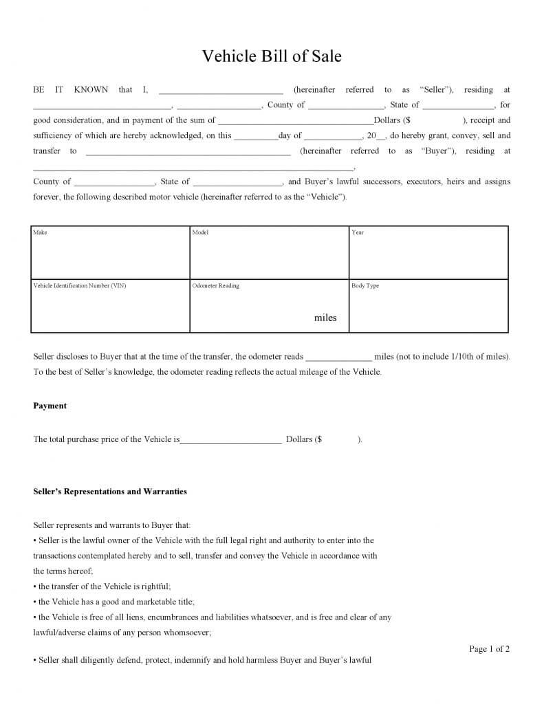 Free Vehicle Bill Of Sale Forms | Pdf | Docx Inside Car Bill Of Sale Word Template