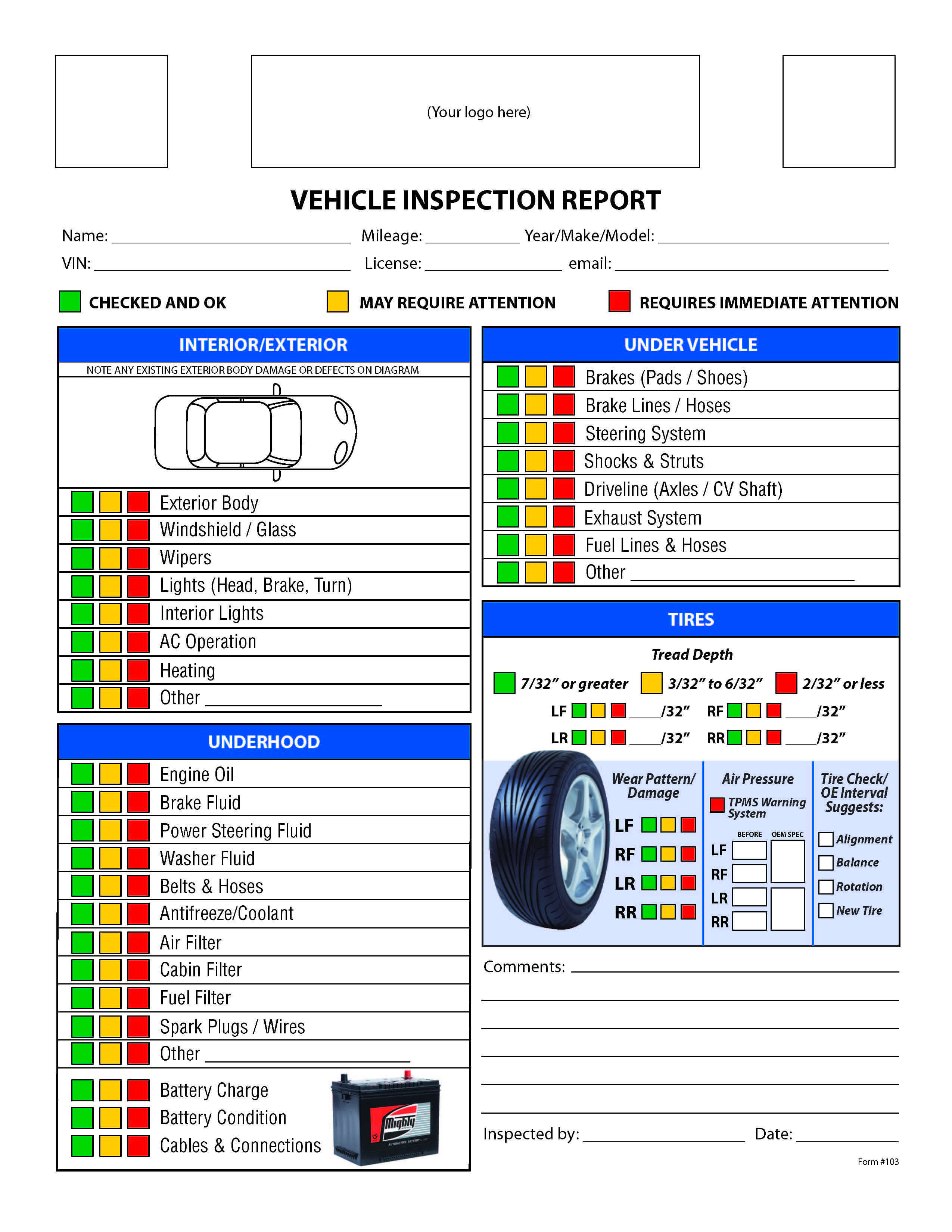 Free Vehicle Inspection Checklist Form | Good To Know With Vehicle Inspection Report Template