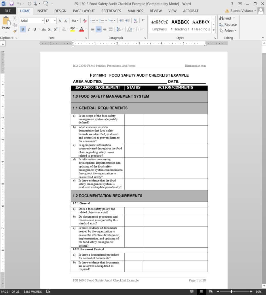 Fsms Food Safety Audit Checklist Template | Fds1160 3 With Regard To Sample Hr Audit Report Template
