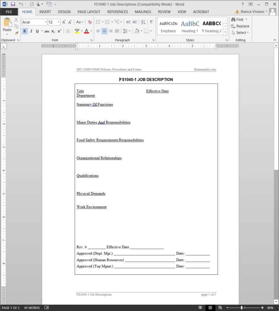 Fsms Job Description Template | Fds1040 1 Pertaining To Job Descriptions Template Word