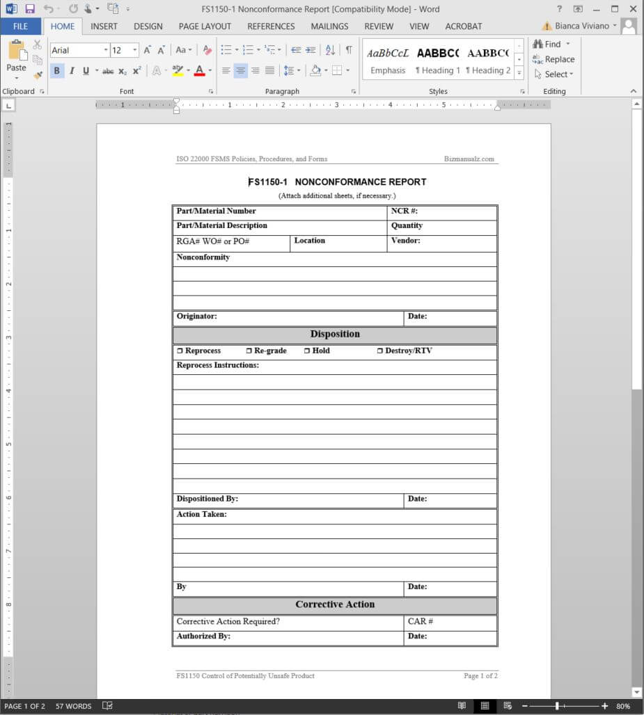 Fsms Nonconformance Report Template | Fds1150 1 For Non Conformance Report Template