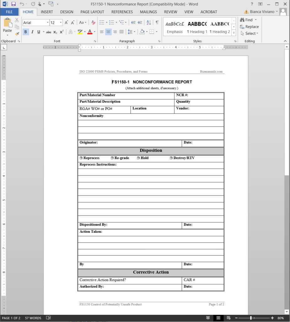 Fsms Nonconformance Report Template Intended For Non Conformance Report Form Template