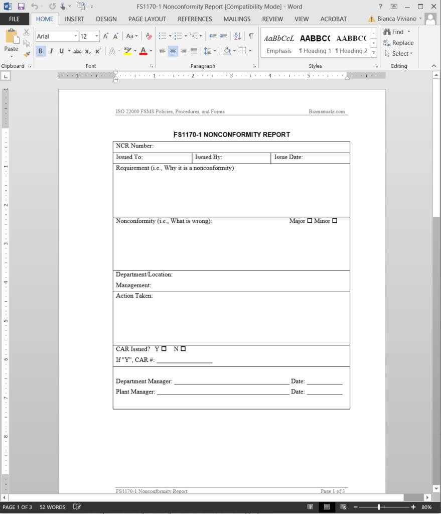 Fsms Nonconformity Report Template | Fds1170 1 Regarding Quality Non Conformance Report Template