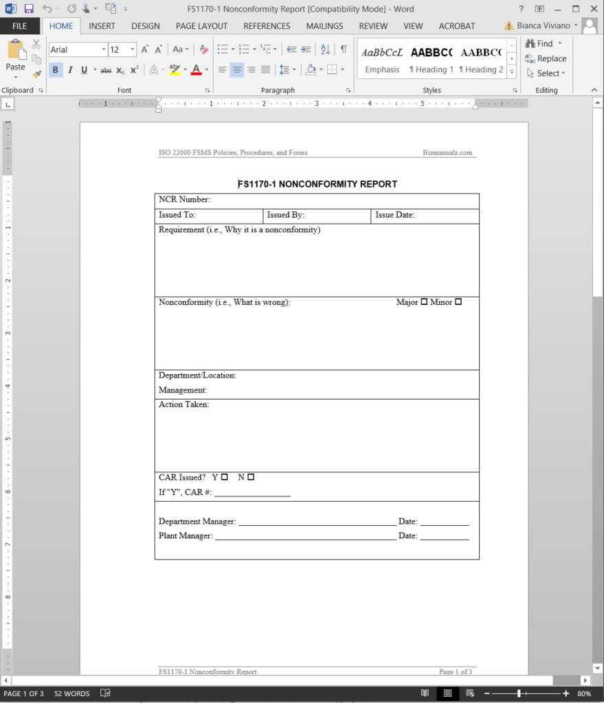 Fsms Nonconformity Report Template With Regard To Non Conformance Report Form Template