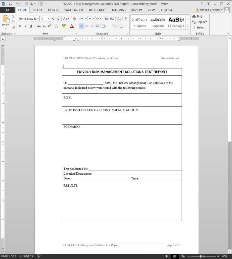 Fsms Risk Management Solutions Test Report Template | Fds1200 1 With Regard To Risk Mitigation Report Template