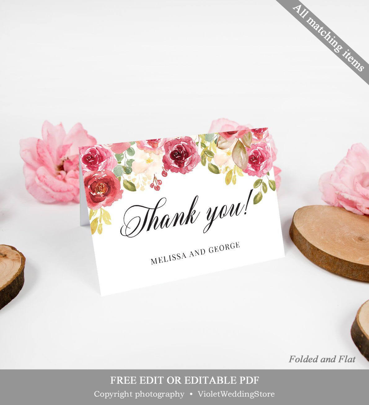 Fully Editable Burgundy Thank You Card, Printable Blush Pink In Powerpoint Thank You Card Template
