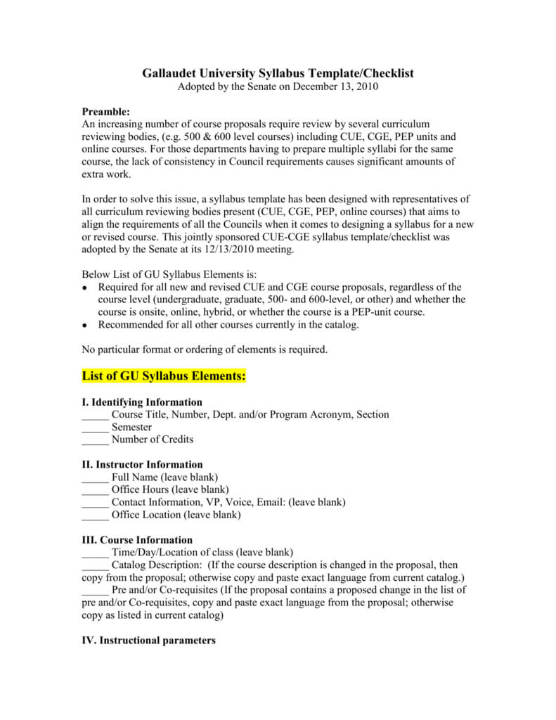 Gallaudet University Syllabus Template/checklist Intended For Blank Syllabus Template