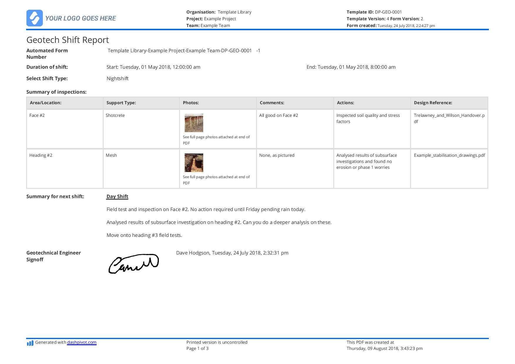 Geotech Shift Report Template: Use This Geotech Shift Report With Regard To Shift Report Template