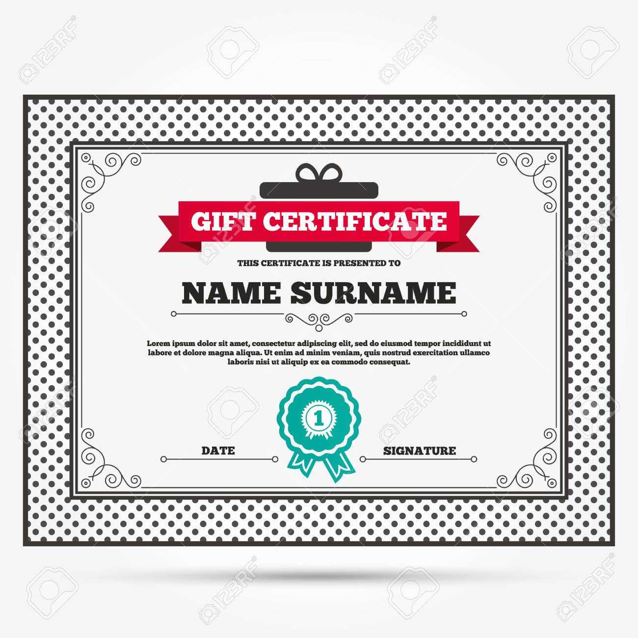 Gift Certificate. First Place Award Sign Icon. Prize For Winner.. With First Place Award Certificate Template