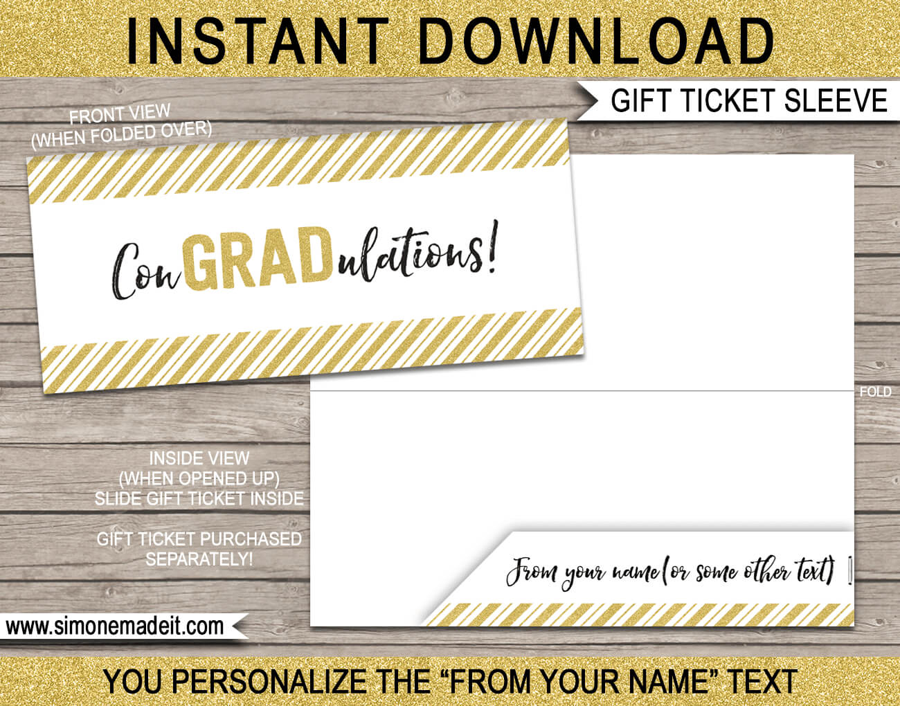 Graduation Gift Ticket Sleeve Template – Gold Glitter Intended For Graduation Gift Certificate Template Free