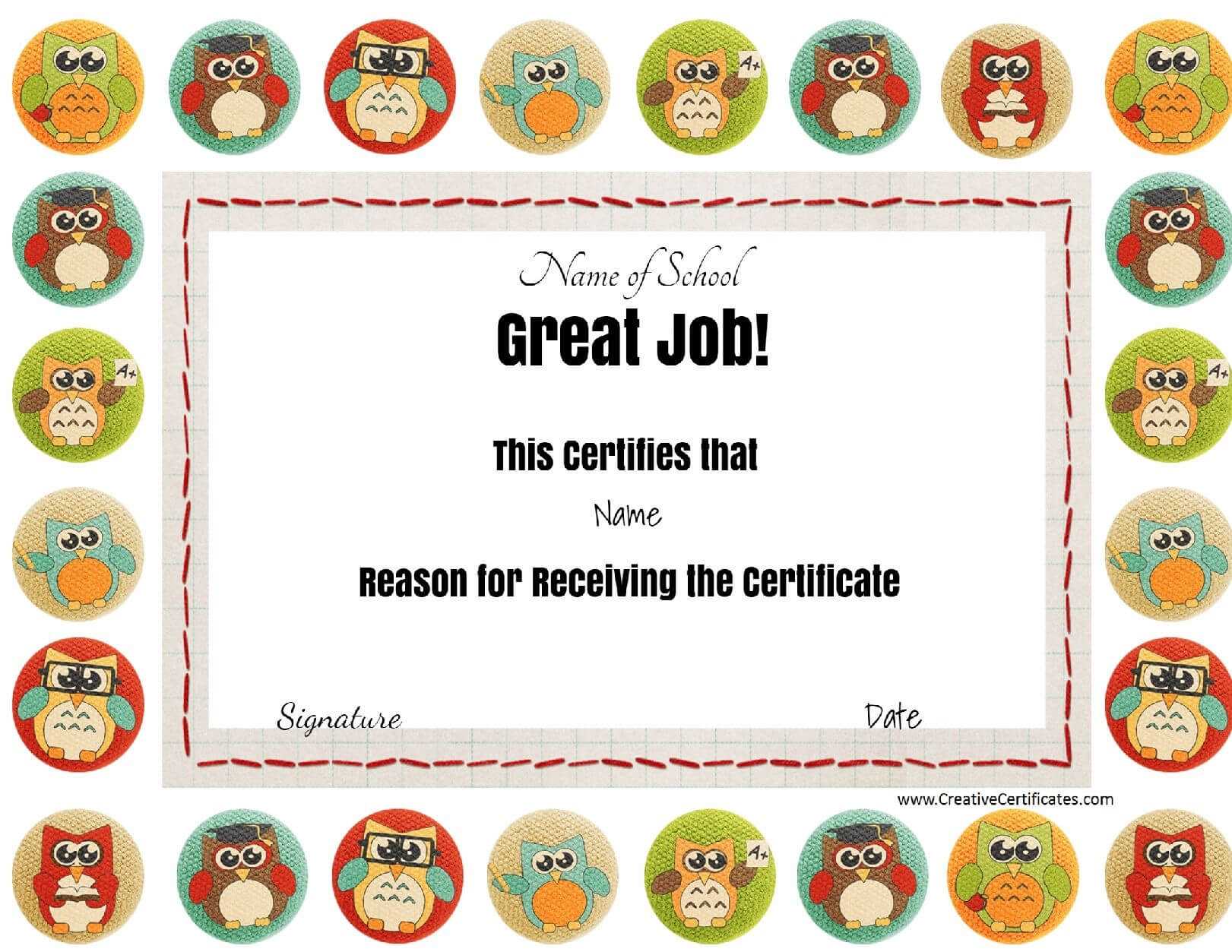 Great Job Award With Colored Owls. The Title "great Job" And Within Good Job Certificate Template