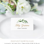 Greenery Wedding Place Card Template, Printable Escort Intended For Printable Escort Cards Template