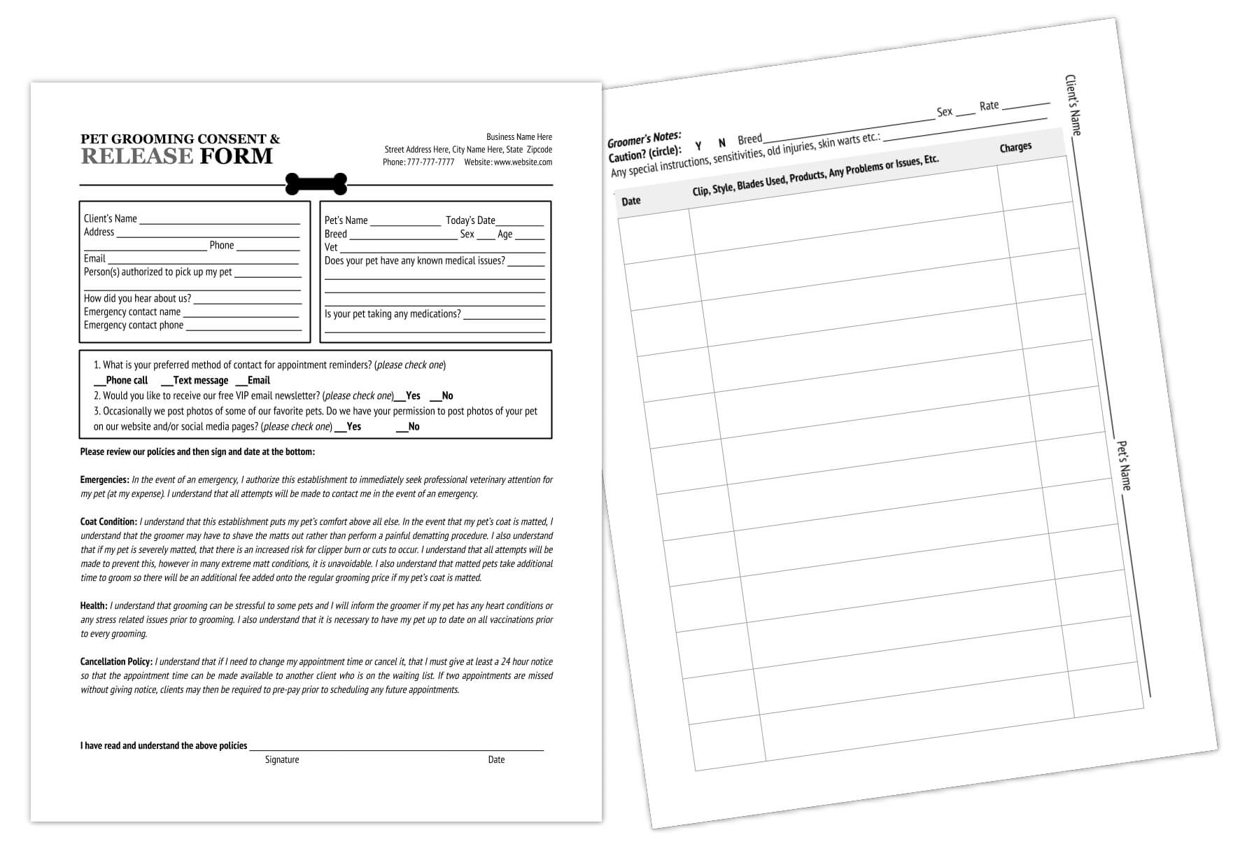 Grooming Release Form Template & Printable Pdf | Pet Groomer Throughout Dog Grooming Record Card Template