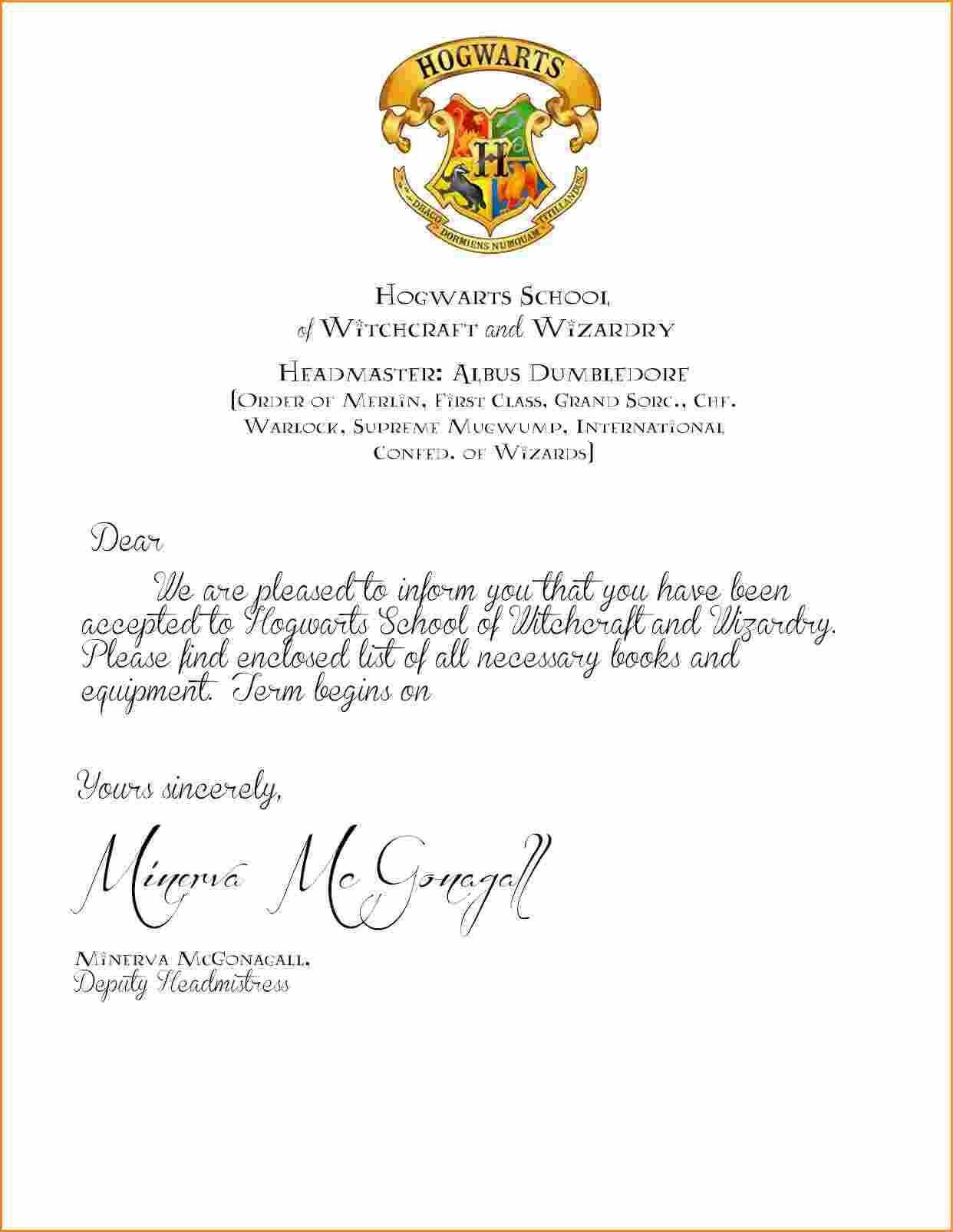 Harry Potter Invitation Letter Template Samples | Letter For Harry Potter Certificate Template