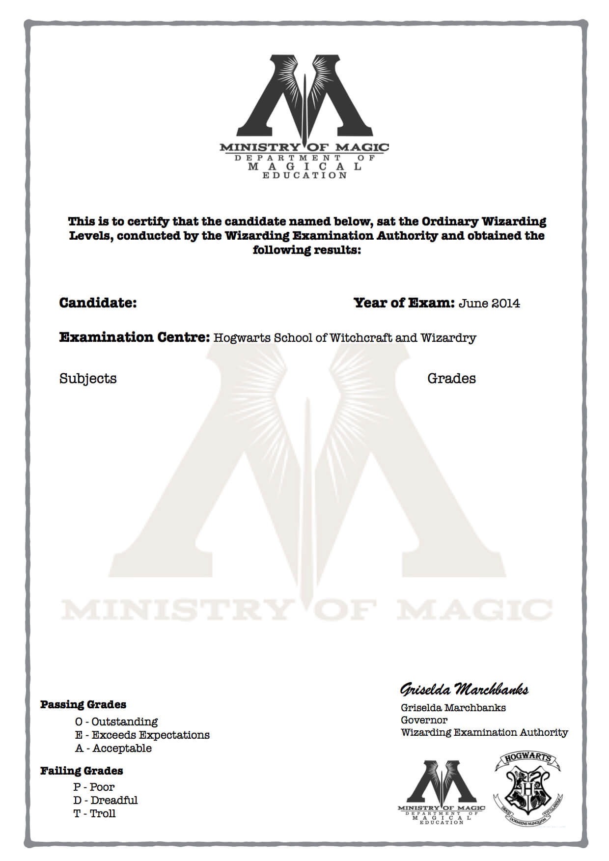 Harry Potter O.w.l's Certificate Blank Template! | Harry Throughout Harry Potter Certificate Template