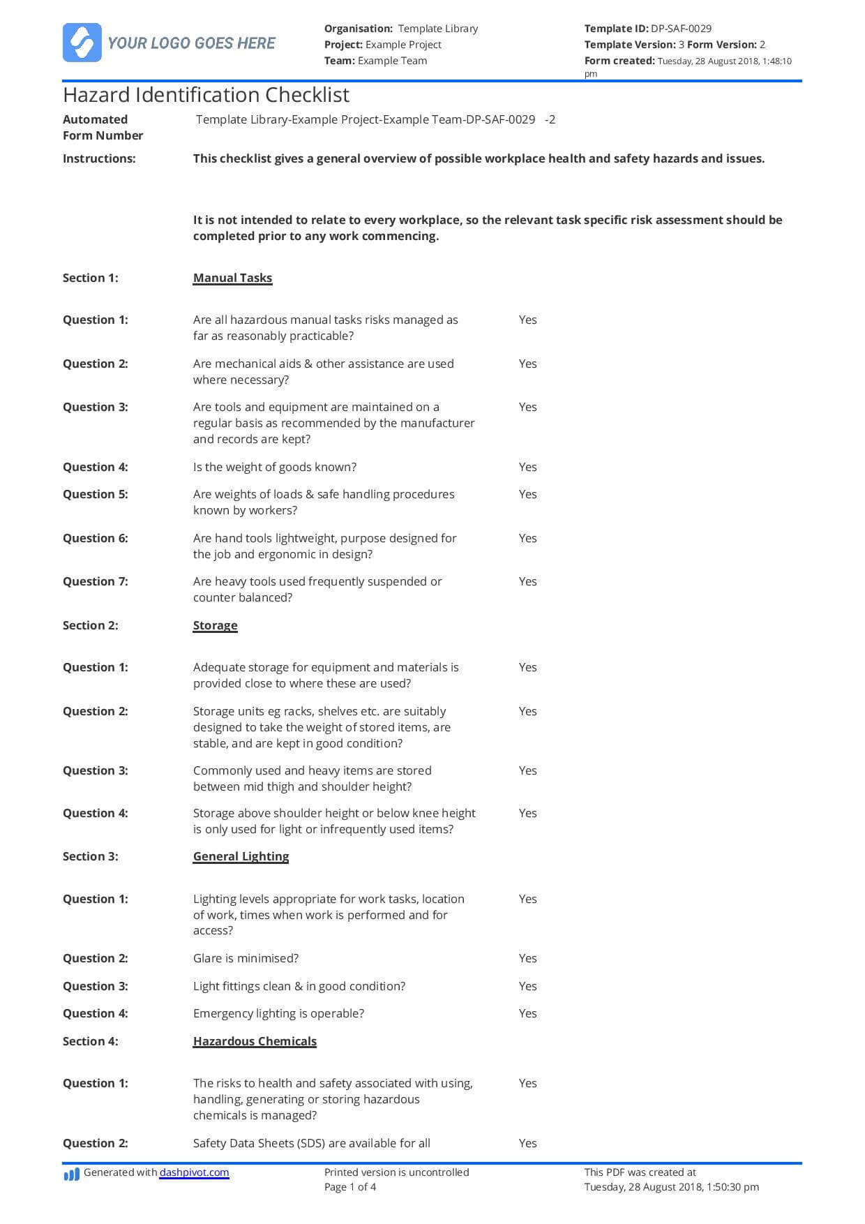 Hazard Identification Checklist Template – Free To Use And Inside Hazard Incident Report Form Template