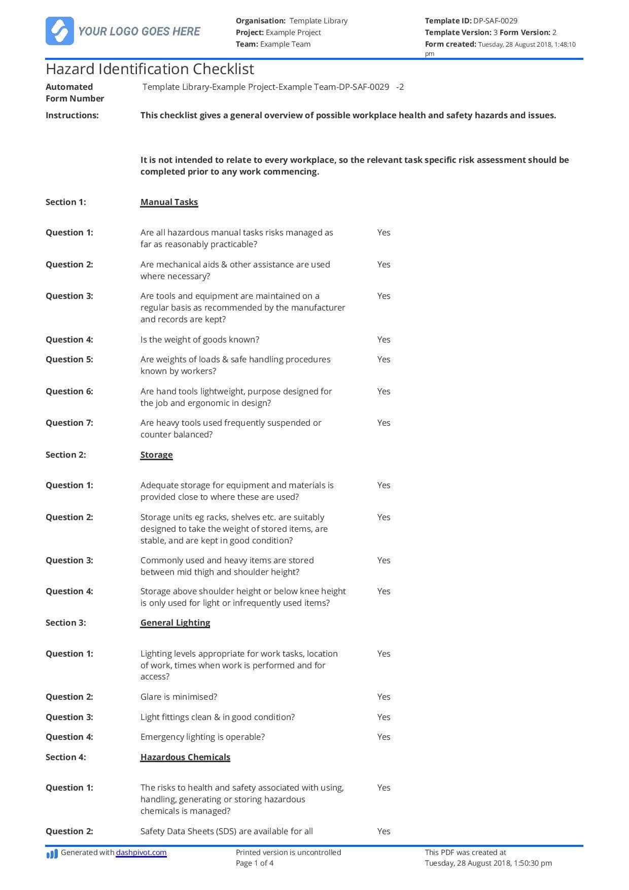 Hazard Identification Checklist Template – Free To Use And Inside Hazard Incident Report Form Template