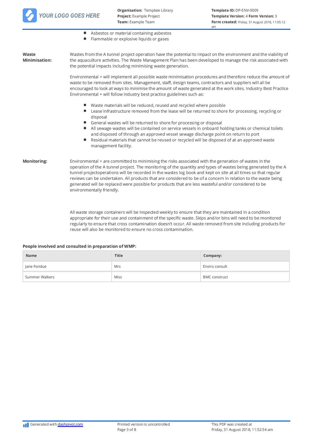 Hazardous Waste Management Plan Template – Free And Editable Within Waste Management Report Template