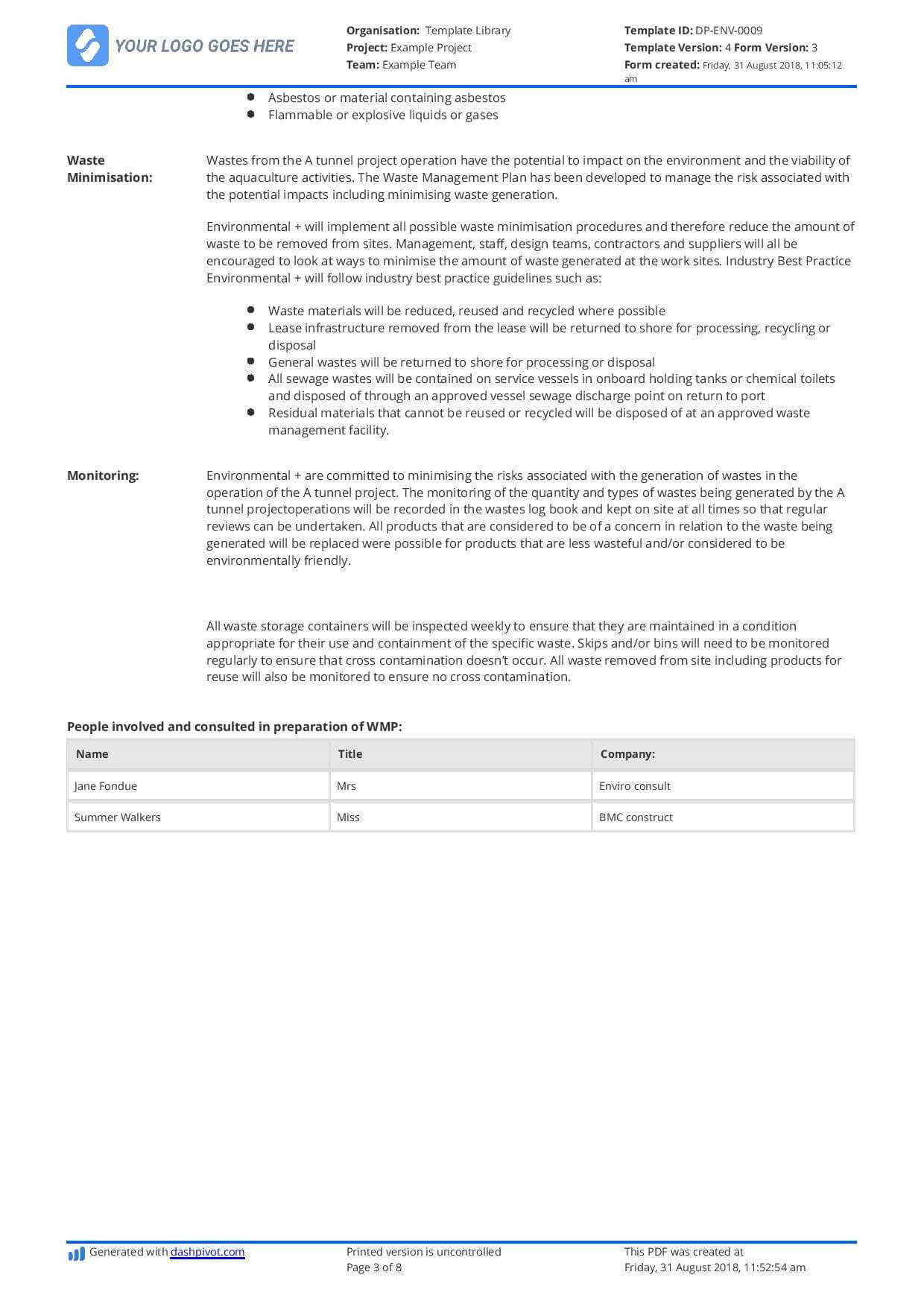 Hazardous Waste Management Plan Template – Free And Editable Within Waste Management Report Template