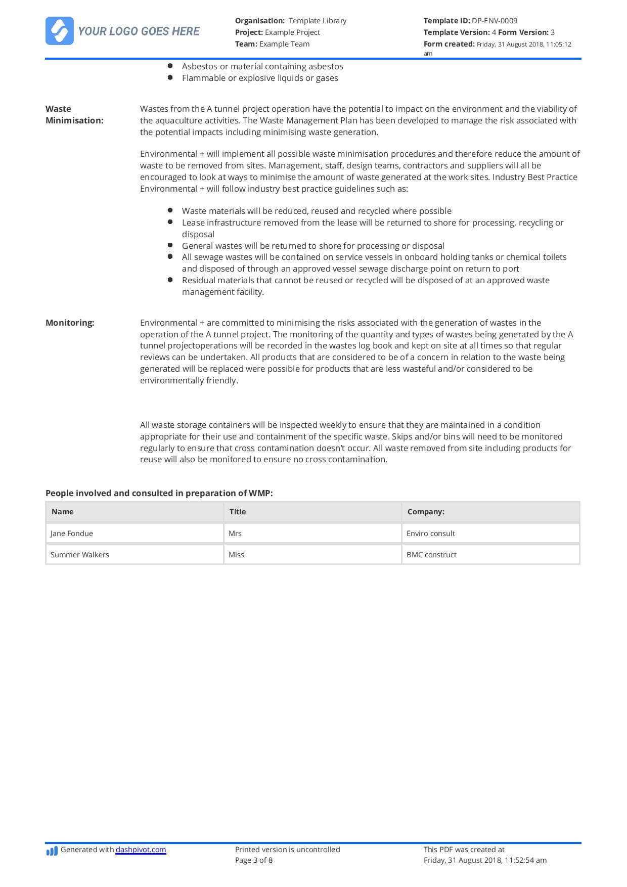 Hazardous Waste Management Plan Template – Free And Editable Within Waste Management Report Template