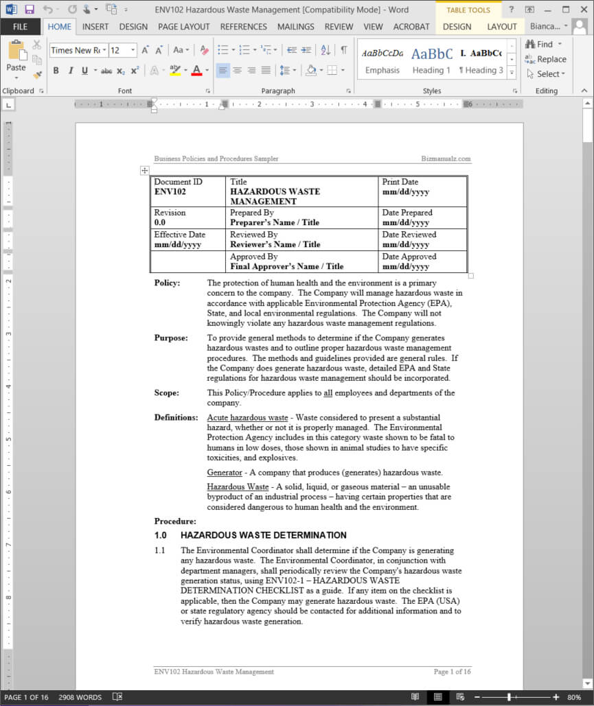 Hazardous Waste Management Procedure | Env102 Pertaining To Waste Management Report Template