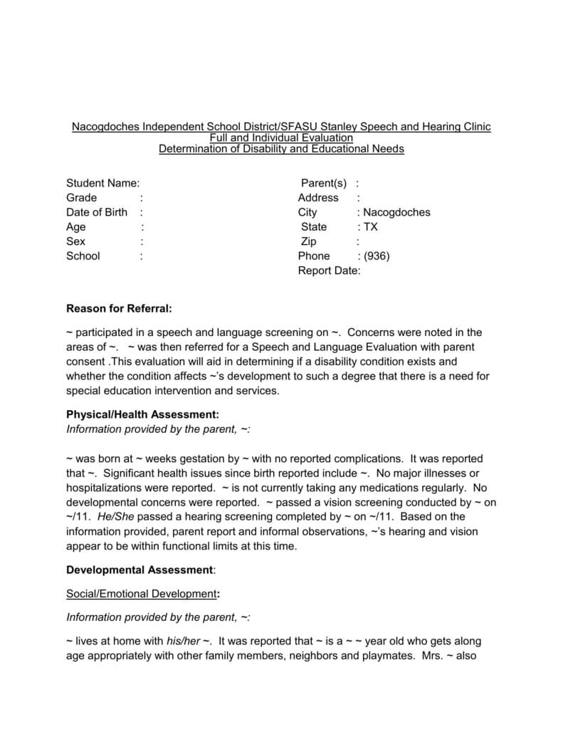 Head Start Evaluation Template With Regard To Speech And Language Report Template