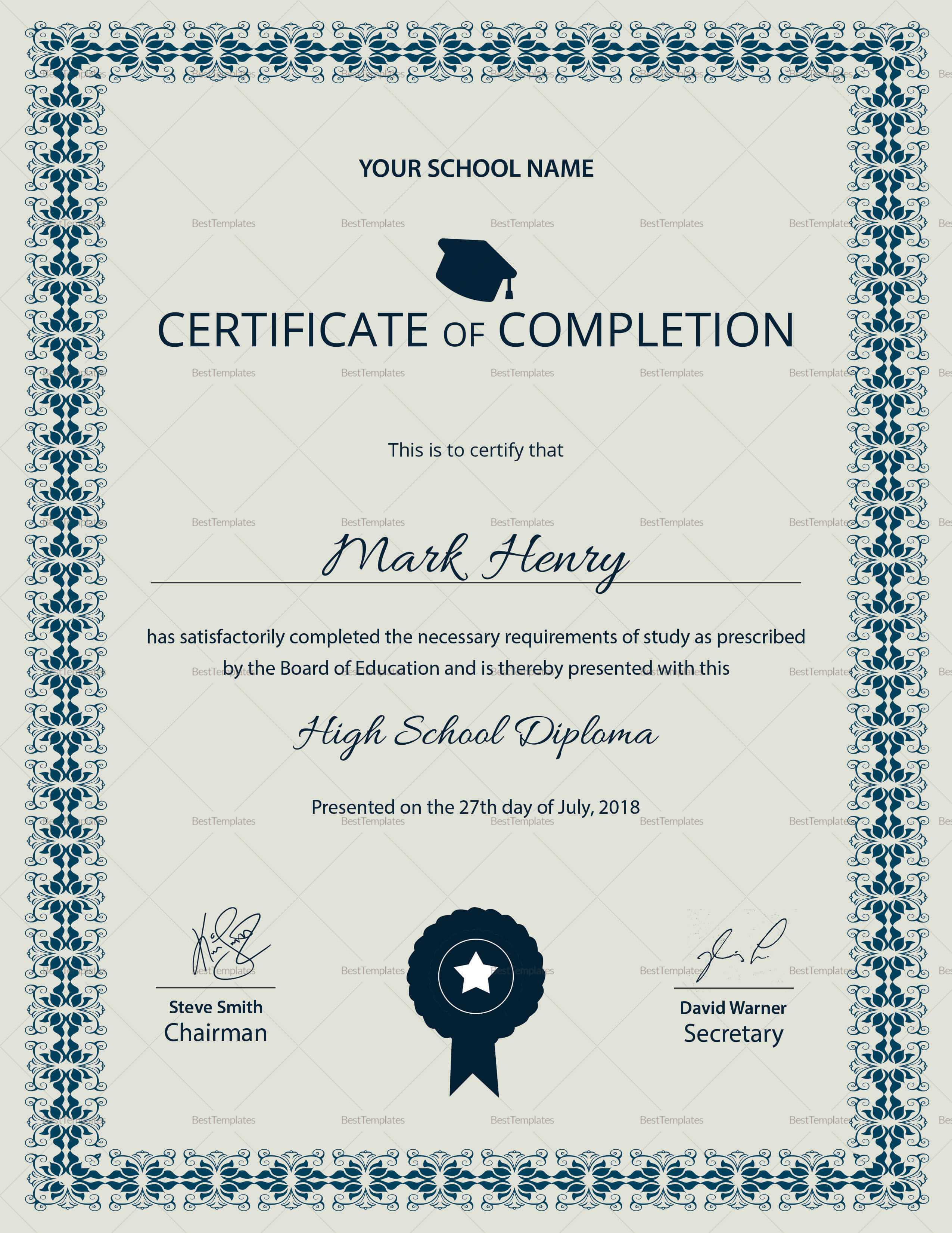 High School Diploma Completion Certificate Template With Regard To Certificate Templates For School