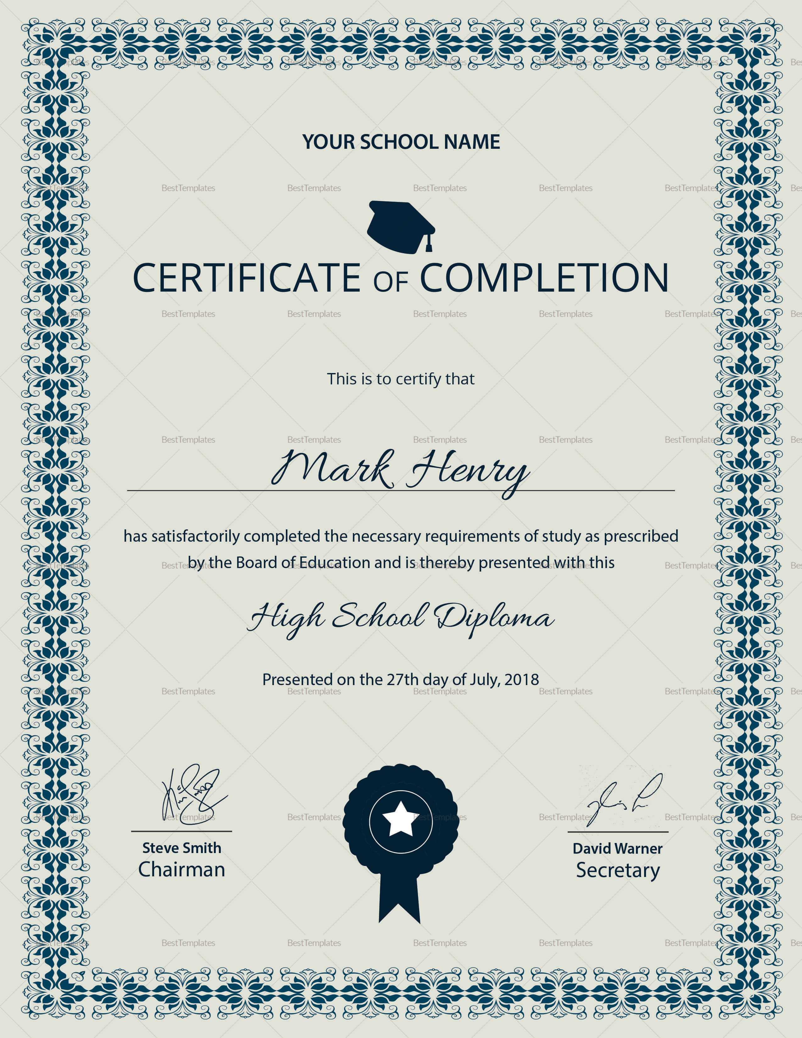 High School Diploma Completion Certificate Template With Regard To Certificate Templates For School