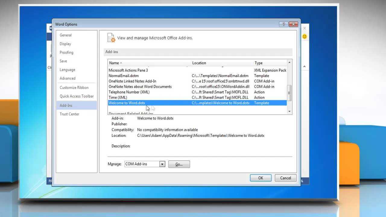 How To Turn Off Or Manage Installed Add Ins In Microsoft® Word 2013 In Word 2010 Templates And Add Ins