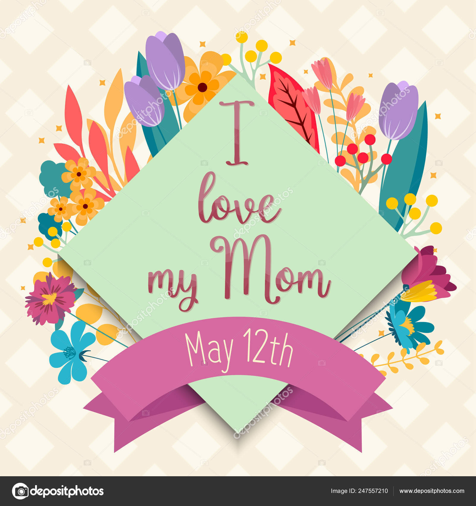 I Love My Mom Greeting Card Template, Colorful Floral Inside Mom Birthday Card Template
