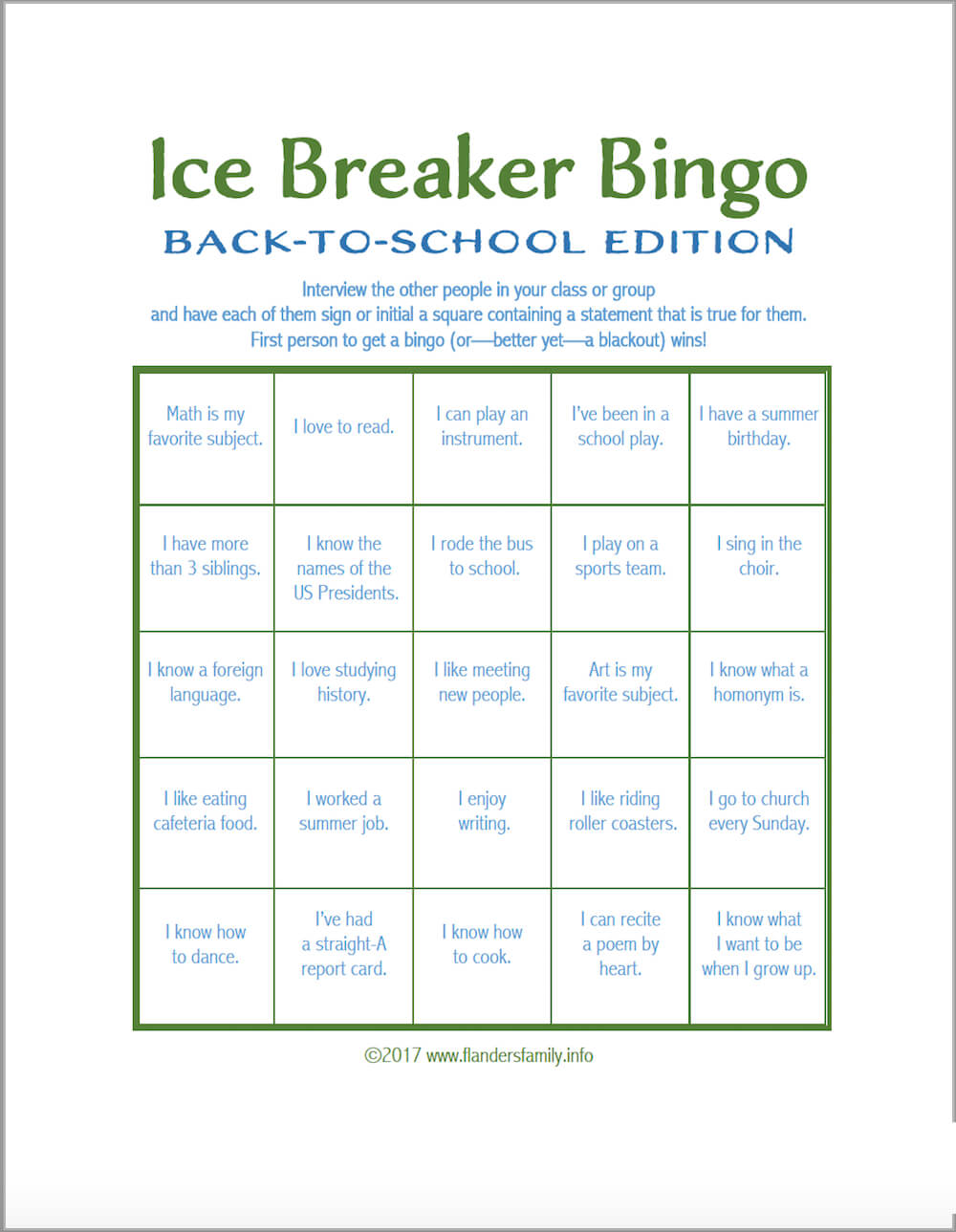 Ice Breaker Bingo: Back To School Version - Flanders Family With Regard To Ice Breaker Bingo Card Template