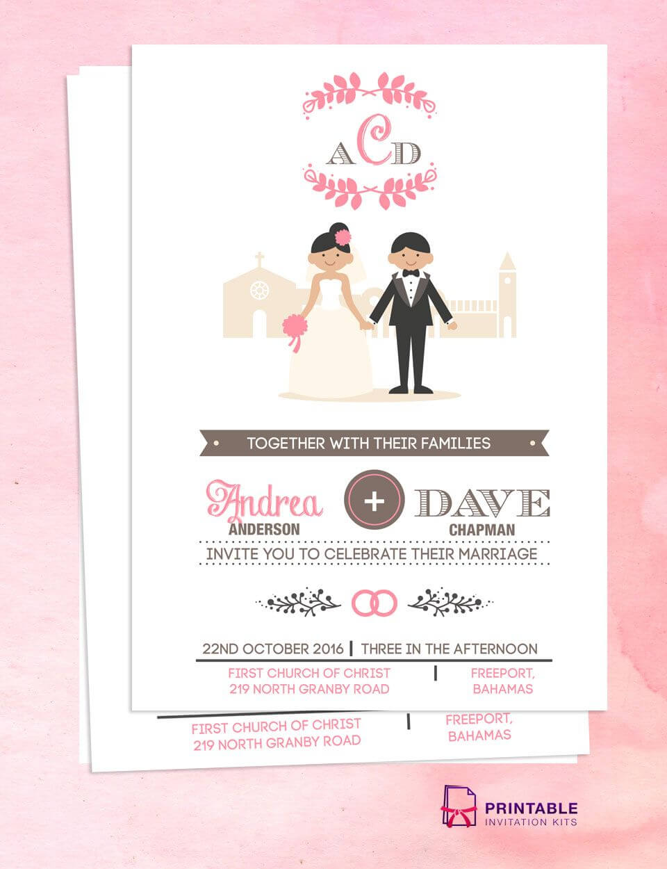 Illustrated Couple In Front Of Church Wedding Invitation In Church Wedding Invitation Card Template