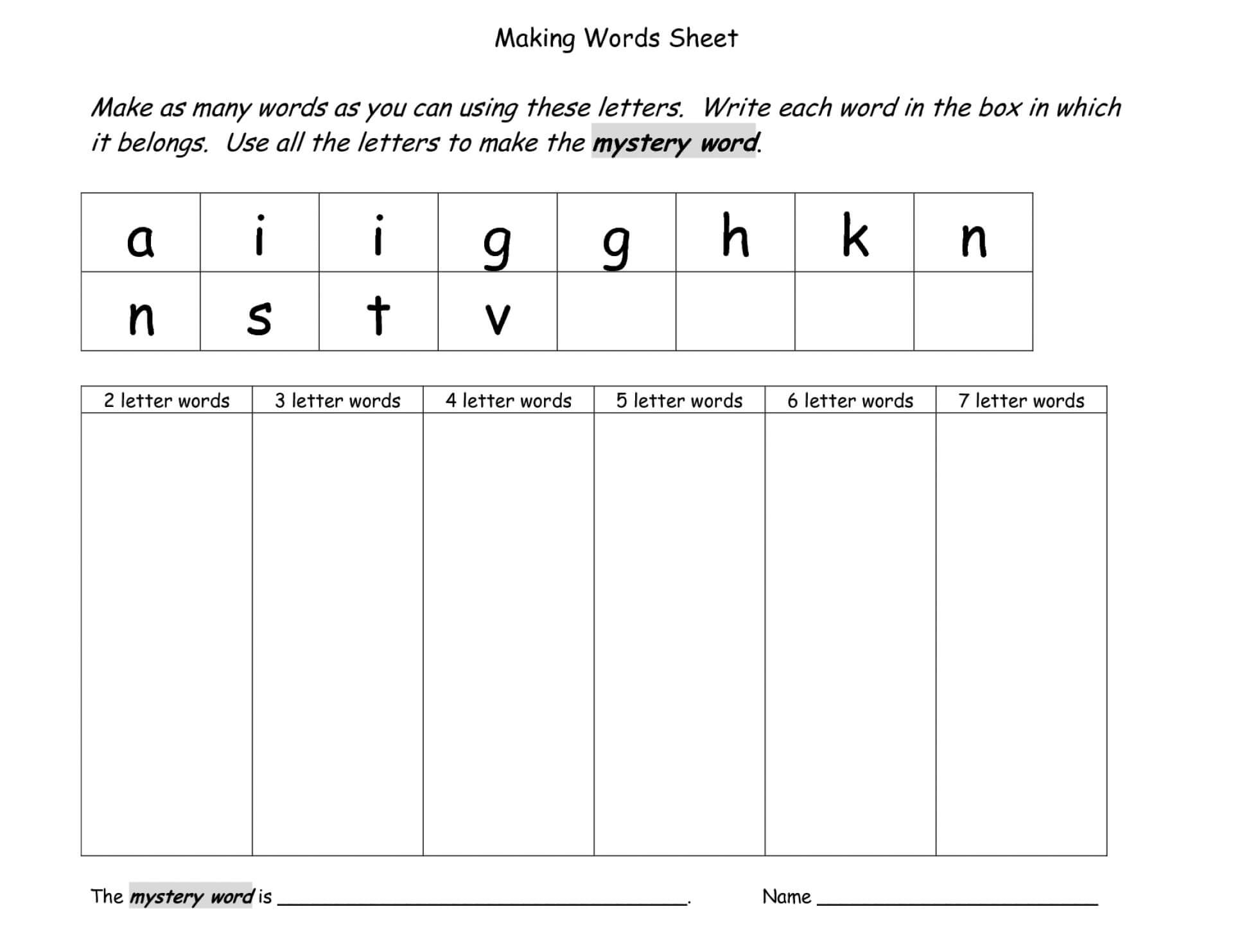 Impressive Making Words Printable Word Kindergarten Template With Regard To Making Words Template
