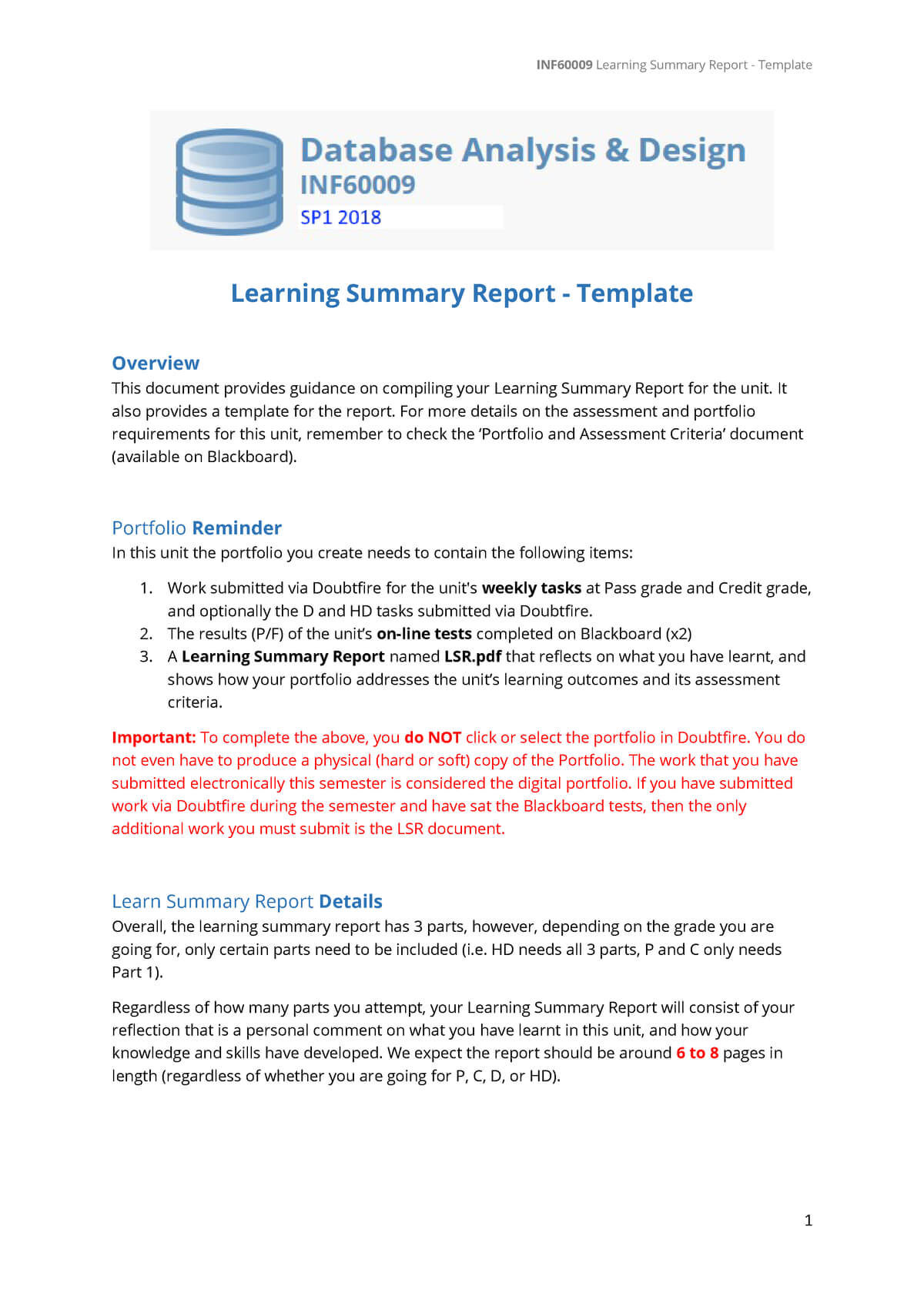 Inf60009 Lsr Template – Databas Learning Summary Report Throughout Work Summary Report Template