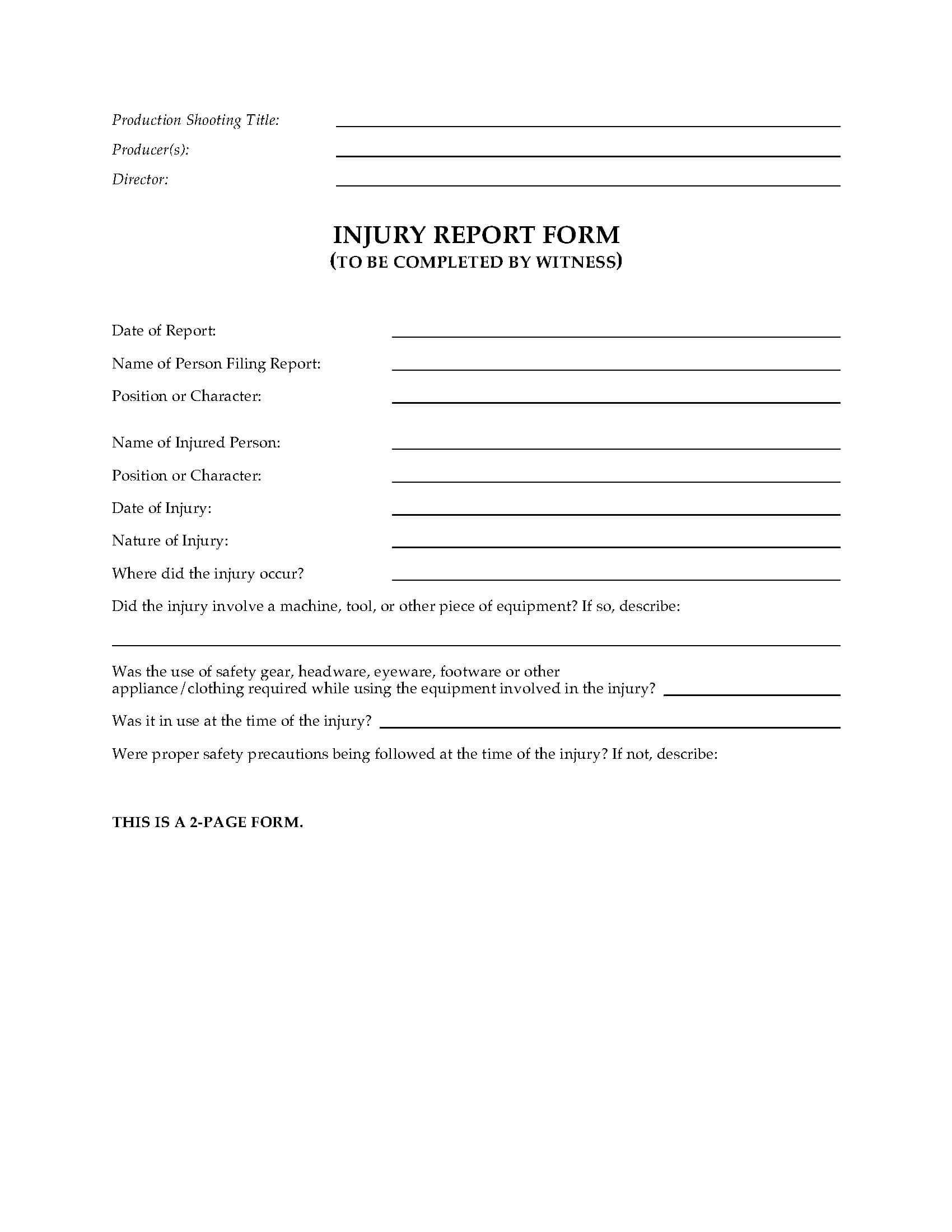 Injury Report Form For Film Productions Regarding Injury Report Form Template