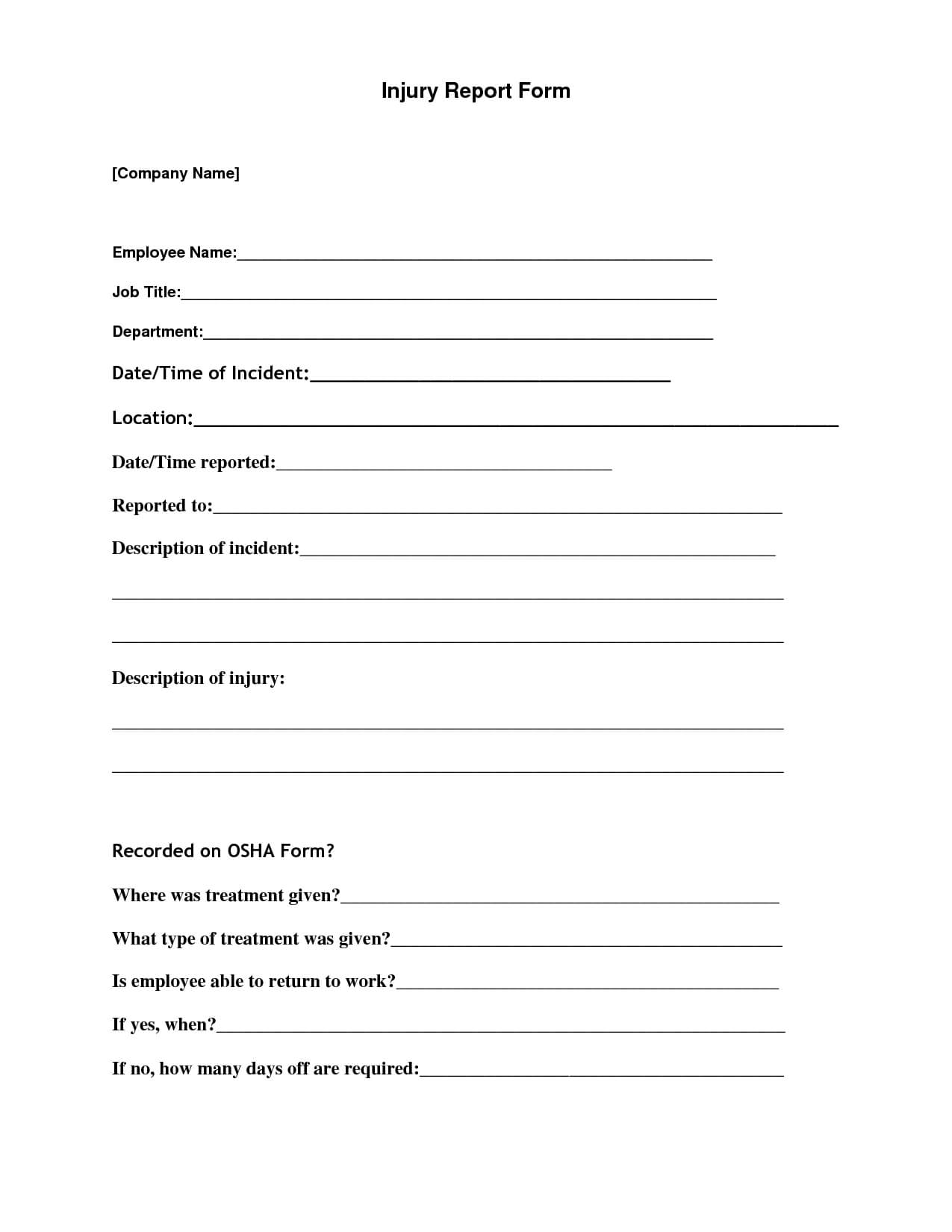 Injury Report Form Template With Injury Report Form Template