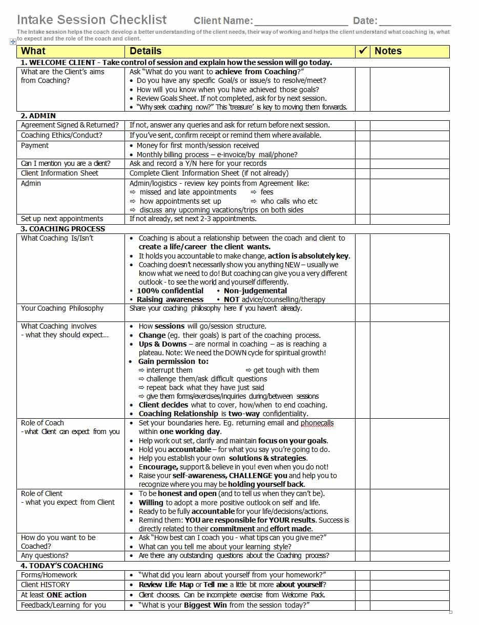 Intake Session Template Checklist | Coaching Tools From The Throughout Coaches Report Template