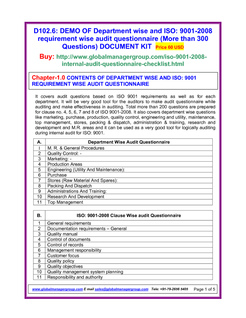 Internal Quality Management System Audit Checklist Iso 9001 throughout ...
