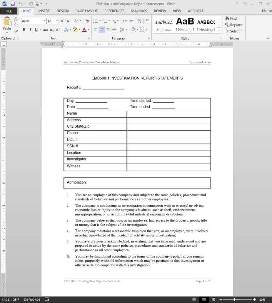 Investigation Report Template | Emb500 1 With Report Template Word 2013