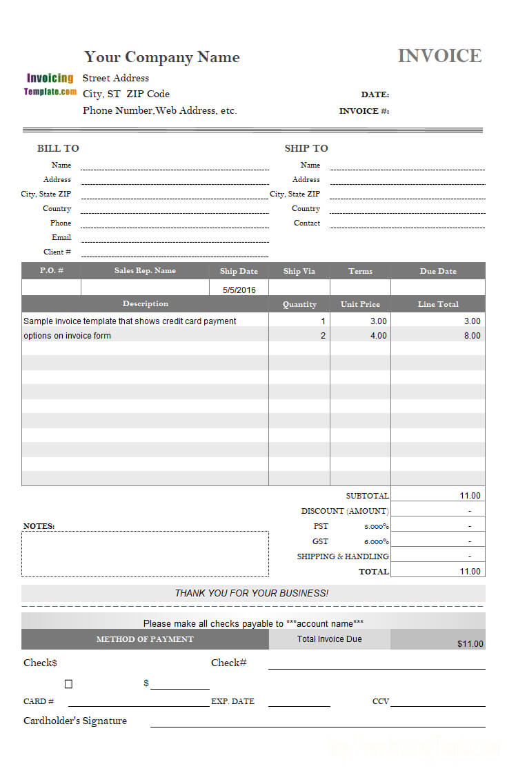 Invoice Template With Credit Card Payment Option Intended For Credit Card Bill Template