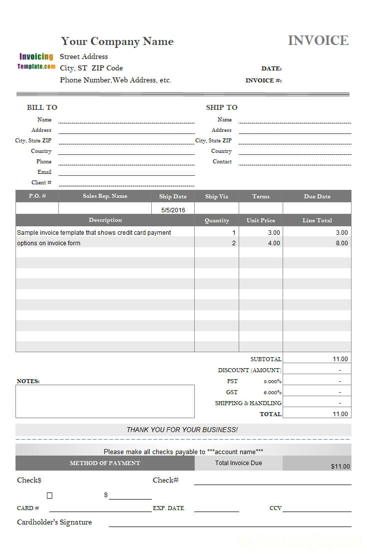 Invoice Template With Credit Card Payment Option With Regard To Credit Card Receipt Template